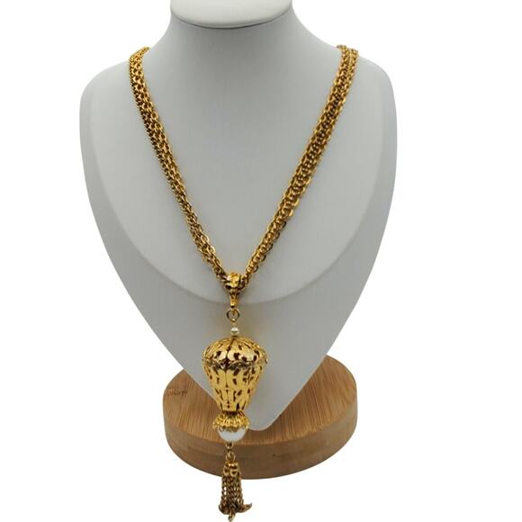 Retro Celebrity Pearl Drop Pendant Necklace Gold Tone Chunky Chain Statement Vtg - Picture 1 of 7